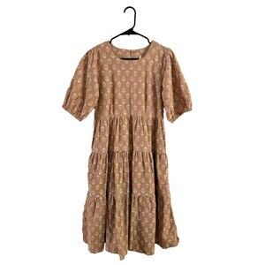 Mata Traders 100% Cotton Midi Tiered Dress Size XS Tan White Boho Puff Sleeves